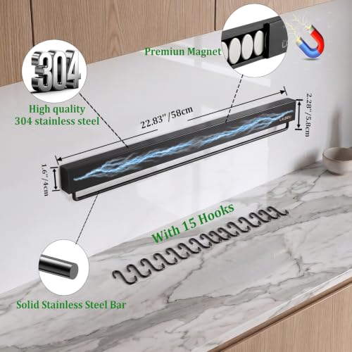 Magnetic Knife Holder for wall, 23 Inch Knife Magnetic Strip with 15 Hooks Black 23Inch