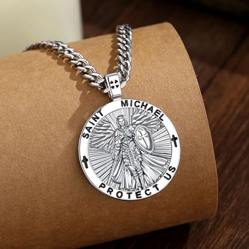 Saint Michael Pendant for Men Women Archangel Michae Necklace Catholic Gift Silver