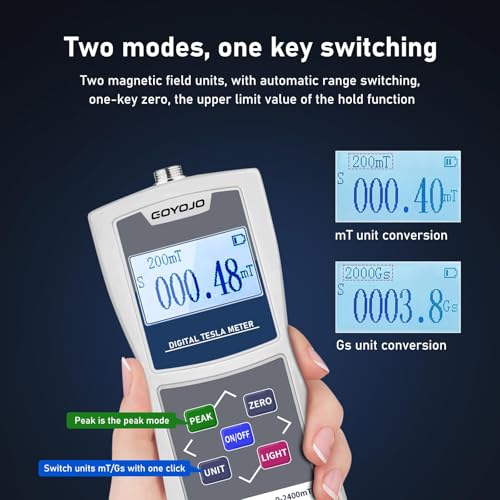 GOYOJO digital Gauss meter measuring magnetic field strength for DC magnets, motors, speakers, and industrial applications
