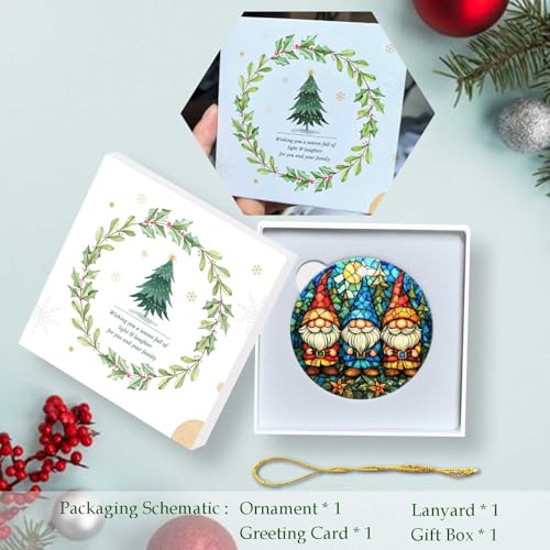 Christmas Gnome Ornament Round Ceramic Stained Glass Style Ornament Xmas Keepsake for Christmas Tree Winter Holiday Xmas Gift for Women Men Xmas Hanging Ornament 3" Christmas Gnome #H039
