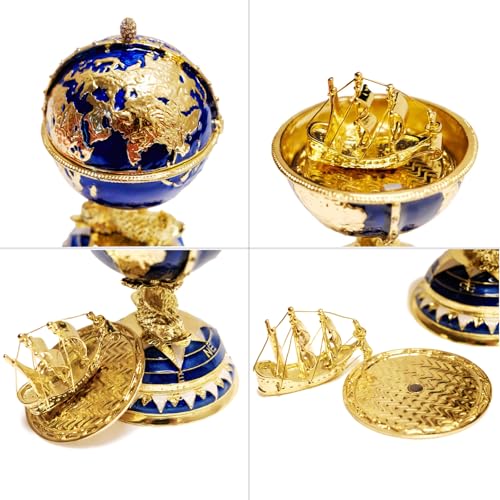 Blue and gold enameled decorative globe jewelry box with world map design, perfect for storing rings and trinkets.