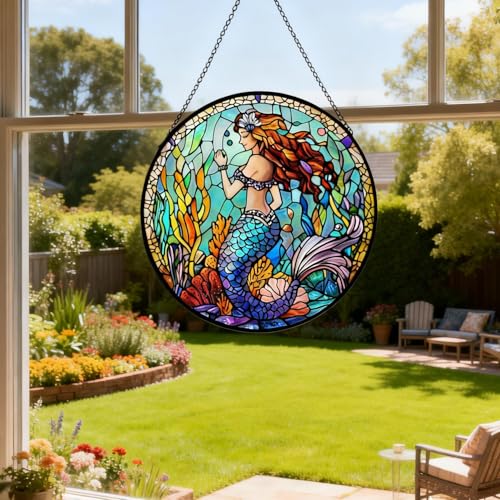 7.87in MermaidStained Glass Window Hanging Sun Catchers Glass Panel Mermaid