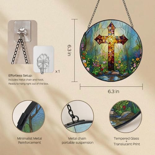 Christian Cross Stained Glass Hanging Religious Gifts for Women,6.3in 005-b-cross