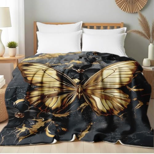 Printed Bed Blanket Black Gold Butterfly Throws Soft Flannel Blanket Butterfly Love Gifts Butterflies Decor for Couch Bed (49"x59") 49"x59"