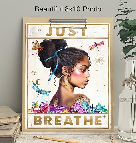Just Breathe Wall Art for Women - Black Girl Inspirational Quotes Wall Decor - inspiring Encouraging Poster - Black Women Teens Tween Girls - New Age spiritual Decor - Boho-chic Hippie Room Decoration
