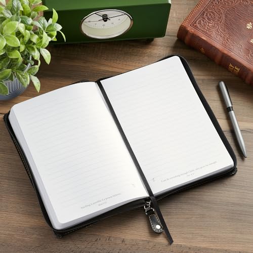 Christian Art Gifts Inspirational Zippered Journal, Man of God Wide Ruled Notebook, 1 Tim. 6:11 Bible Verse, Two Tone Brown/Black Vegan Leather, 336 Lined Pages w/scripture, (9” x 6.4” x .9”)