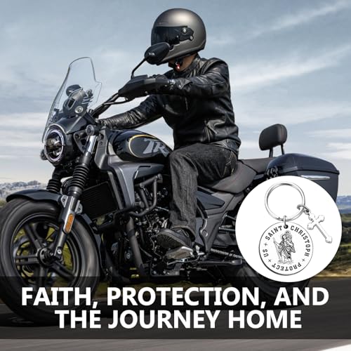GMHLLES 4 Pack St Christopher Keyring, Biker Prayer Keyring Gifts for Men with Drawstring Bag for New Drivers Riders Travellers