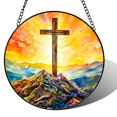 Cross Stained Glass Window Hanging, 7.87in Suncatcher Cross