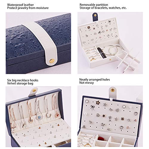 Fullgaden Jewelry Box,Necklace Ring Storage Organizer Double Layer Travel Synthetic Leather Jewel Cabinet Gift Case for Women, Blue