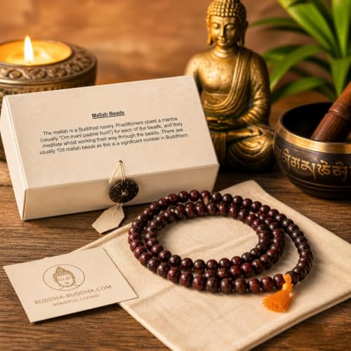 Buddha-Buddha Spiritual Buddhist Gift Set, 108 Prayer Mala Beads in Lokta Box, Green Tara Incense, Tibetan Prayer Flags, Meditation