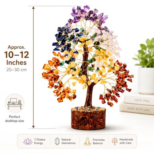 7 Chakra Crystal Tree of Life | Gemstone Bonsai Tree Gift for Women & Men | Feng Shui Home Decor for Office Desk & Living Room | Housewarming & Birthday Gift | 10–12 Inch Crystal Tree 7 Chakra – Golden Wire