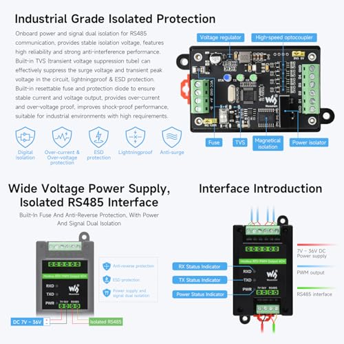 Waveshare Industrial 4-Ch PWM Output Module, Modbus RTU Protocol, Isolated RS485 Interface, Adjustable Frequency and Duty Cycle, with Various Isolation and Protection Circuits