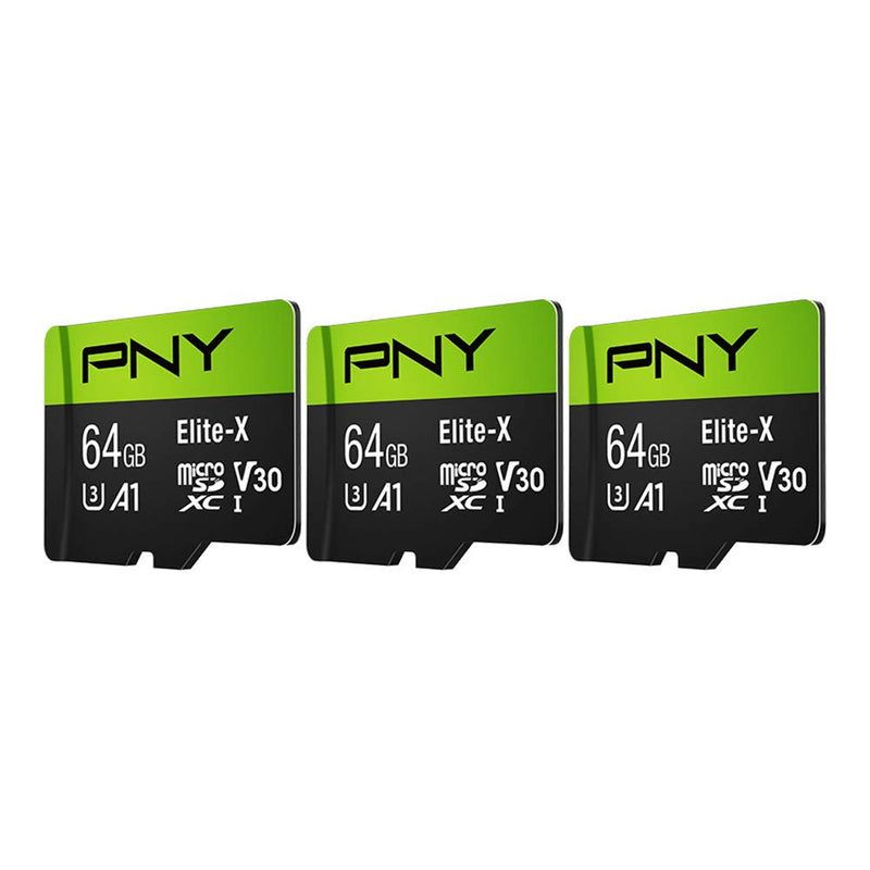 [Australia - AusPower] - PNY 64GB Elite-X Class 10 U3 V30 microSDXC Flash Memory Card, 3 Count (Pack of 1) - 100MB/s, Class 10, U3, V30, A1, 4K UHD, Full HD, UHS-I, micro SD 64GB 3-Pack 