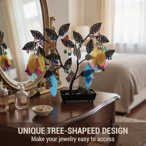 MyGift Jewelry Tree Leaves, 48 Pair Earring, Necklace & Bracelet Stand Black Metal