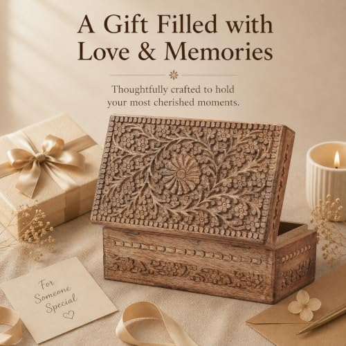 Ajuny Wooden Jewelry Box Flower Carved Decorative Chest Storage 10 Inch