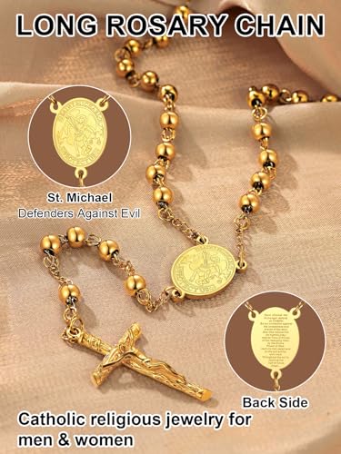 ChainsPro Cross Necklace with Rosary Beads, Crucifix Catholic Necklaces for Men Women, Stainless Steel Chain Prayer Jesus Gift Christian Jewellery 04. St Michael Gold
