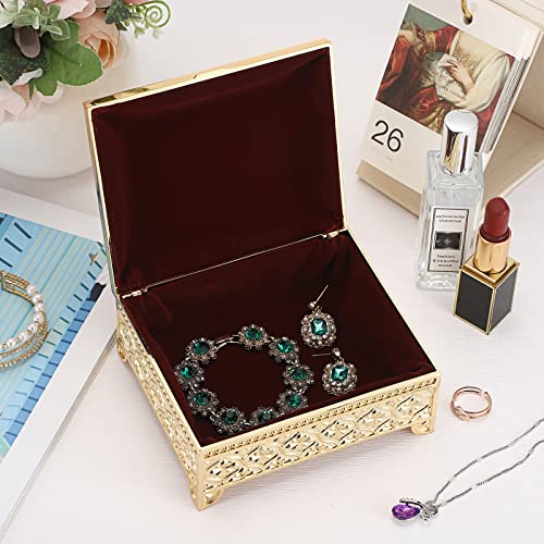 Hipiwe Gold Vintage Jewelry Box Rectangle Metal Trinket Organizer for Women Medium
