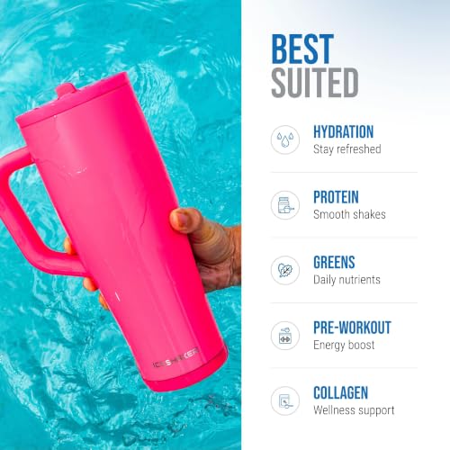 Ice Shaker 32 oz Tumbler with Handle and Straw | 32oz Neon Pink | Cold for 30+ Hours | 2-in-1 Tumbler Shaker Bottle | Odor-Free 32 ounce Bottle for Water, Protein Shakes, Smoothies, Cocktails