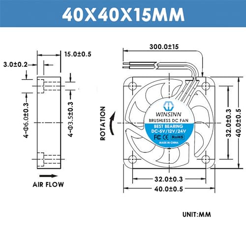 WINSINN DC 40mm Fan 24V 4015 Dual Ball Bearing Brushless Cooling 40x15mm 2PIN (Pack of 4Pcs)
