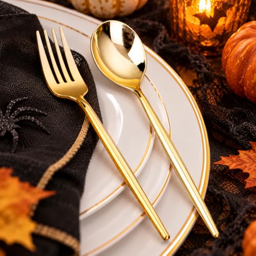 SUT 100PCS Gold Plastic Forks and Spoons, Heavy Duty Disposable Silverware 100