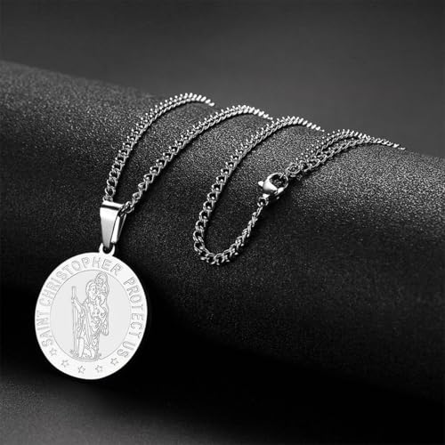 WANGCL Stainless Steel St Christopher Necklace Personalised Engrave Saint Christopher Pendant Chain Catholic For Men Women