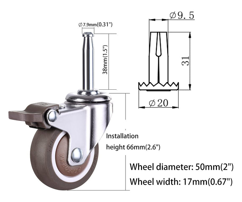 [Australia - AusPower] - 2 Inch Rubber Caster Wheel Set of 4(2 with Brakes & 2 Without) with 5/16" x 1-1/2" (8 x 38mm) Stem Sockets, for Furniture Crib Trolley Dining Car Casters 2 With Brakes & 2 Without Brakes 