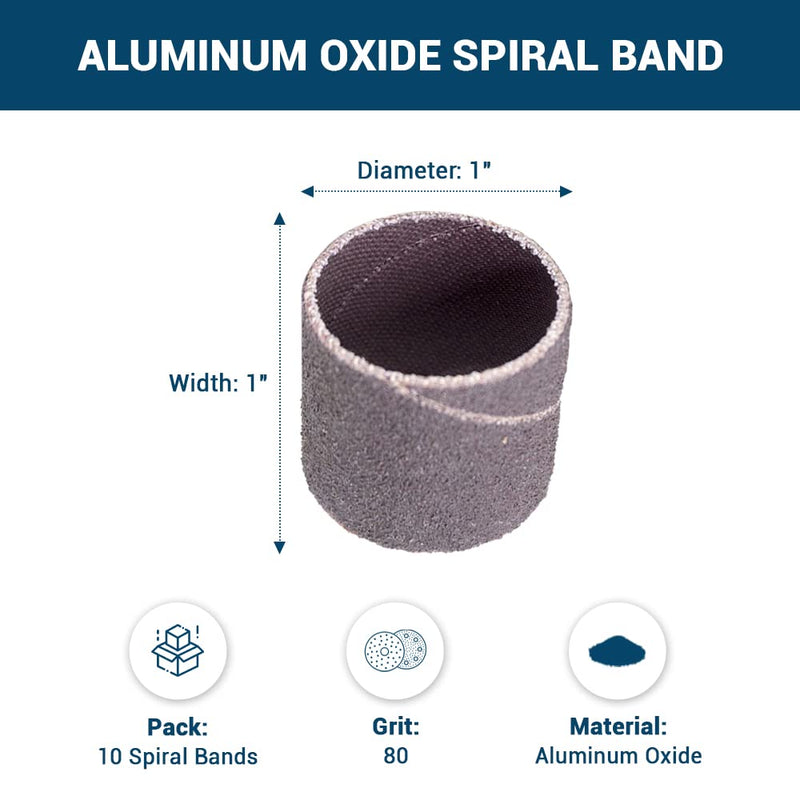 [Australia - AusPower] - Benchmark Abrasives 1" x 1" Aluminum Oxide Abrasive Spiral Bands for Rotary Tools, Drum Sleeves for Sanding Deburring Blending Polishing on Metals Plastic Wood Rubber (10 Pack) - 80 Grit 