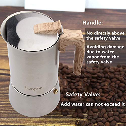 Sivaphe4 cups Stainless Steel Stovetop Espresso Coffee Maker | Induction Support 10 oz Intalian Moka Pot | Durable Cuban Coffee Maker 200ml(1 Cup=50ml) 4 CUP stainless
