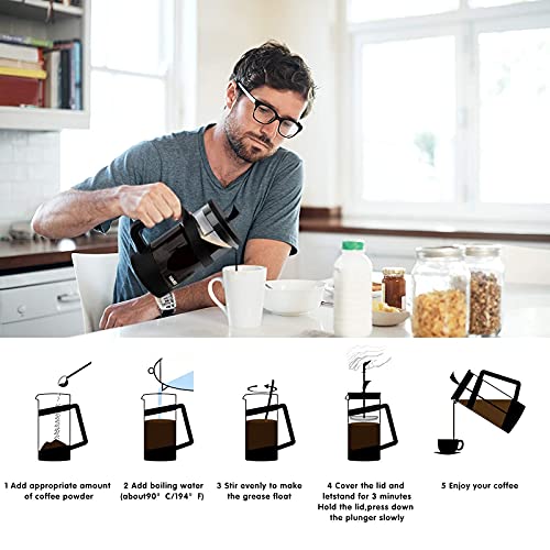 French Press Coffee Maker, 34 Oz Large Glass Pitcher 4 Level Filter System Café Carafe Teapot plus Stainless Coffee Spoon n Cleaner Brush for Hot Cold Brew