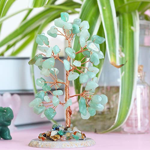 Green Aventurine Healing Crystal Tree of Life Natural Gemstone Agate Slice Base Copper Wire Wrapped Money Trees Feng Shui Spiritual Energy Decorations Home Office Room Desk Decor Gifts for Women Men Green Aventurine