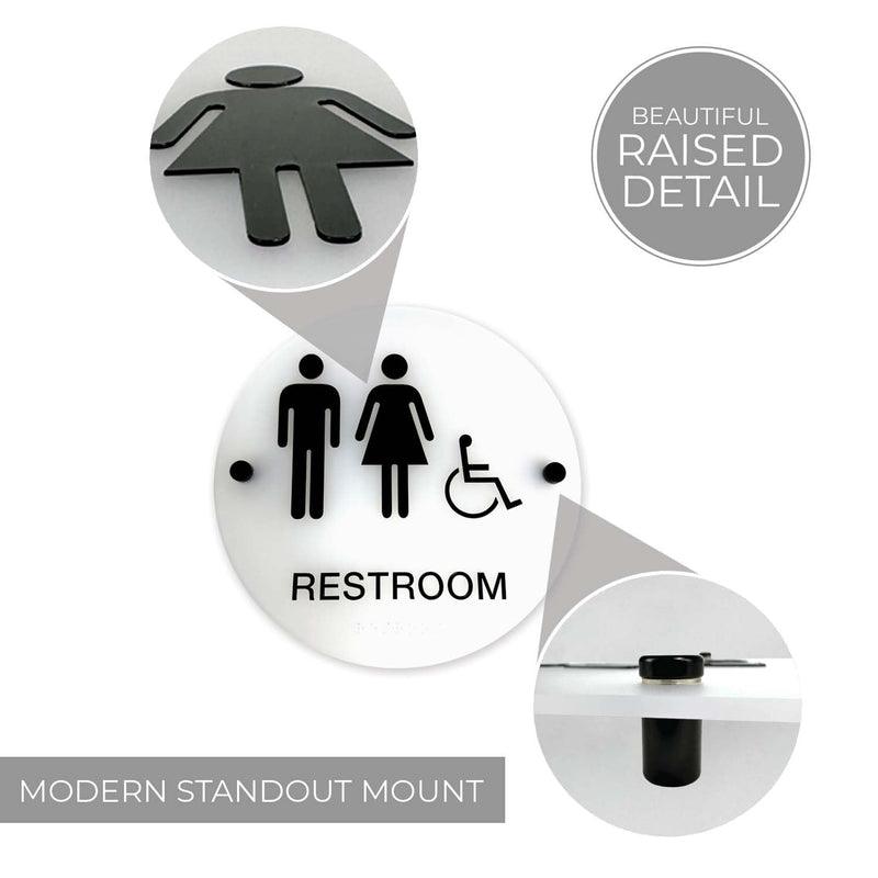 Frosted Designer ADA Unisex Restroom Sign / 9" Round Gender Neutral Bathroom Sign With Braille And Handicap Symbol/Chic Translucent Sign With Stand Off Mounts/Made In The USA Frosted 9” Sign