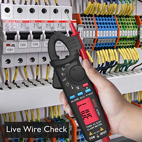 BSIDE black DC clamp meter with digital multimeter display, back clip, and auto-ranging True RMS testing functions
