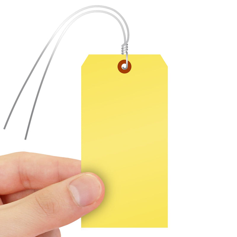 SmartSign (Pack of 100) Yellow Plastic Tags with Wires, 6.25 x 3.125 inch, Metal Eyelet, 10 mil Tear-Proof Polylith Plastic, Writable