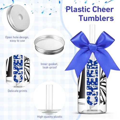 LemonRoad 36 Pcs Cheerleader Gift Bulk for Team Cheer Tumbler Cups Pom Pom Keychain Bags Bow Cheer Water Bottles with Lid and Straw for Cheerleader Women Girl Sport Party Favor Senior Night(Blue) Blue