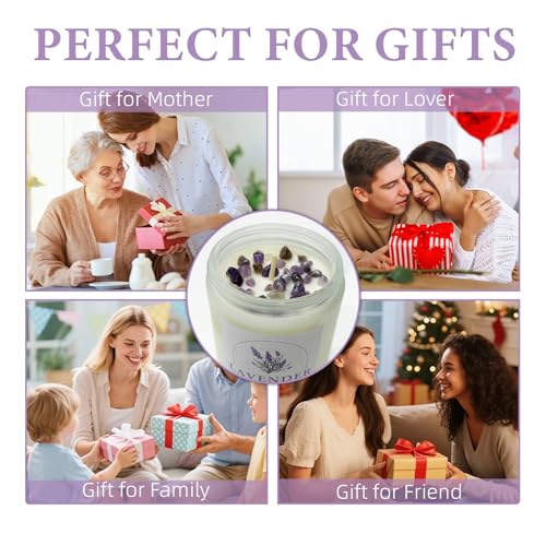 Lavender Amber Scented Candles with Crystals Inside, 9oz Soy Candles for Home Decor, Birthday Spiritual Gift Mothers Day Candle for Women Mom Lavender Amber