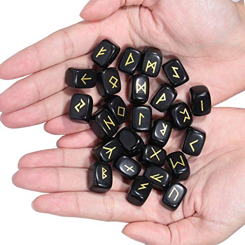 TUMBEELLUWA Black Obsidian Witches Runes Set for Divination Healing Black Obsidian Stone