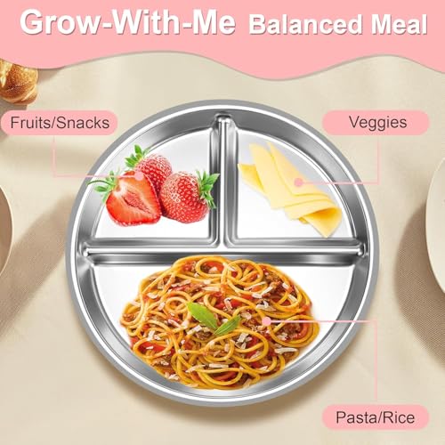 Bella's Friends Life Baby Feeding Set, 2 Pack Stainless Steel Divided Plate with Silicone Suction, 2 Set Spoons and Forks, BPA Free, Dishwasher Safe, Baby Led Weaning Supplies, Toddler Utensils beige, green 8 Inch