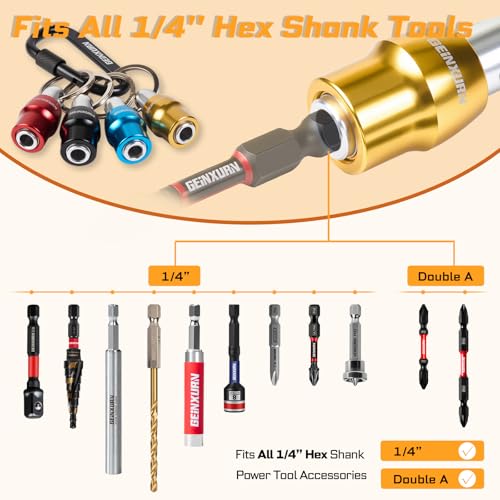 Geinxurn 25Pcs Magnetic Drill Bit Holder Keychain Set, 1/4" Hex Shank Quick-Change Bit Extension Aluminum Alloy Screwdriver Bit Holder, Incl. Step Drill, Screwdriver Bits, Sockets Adapter, Nut Driver 25pcs Bit Holder Keychain Set