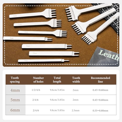 QMNNMA leather stitching punch set with 1, 2, 4, and 6-prong diamond chisels and storage bag