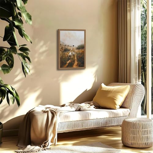 Framed Jesus Leaves the 99 Sheep Canvas Wall Art Christian Wall Decor Picture Jesus and Lamb Painting The Lost Sheep Posters Prints for Living Room Bedroom Church Prayer Home Decor 12x16Inch Jesus leads the sheep 12"L x 16"W