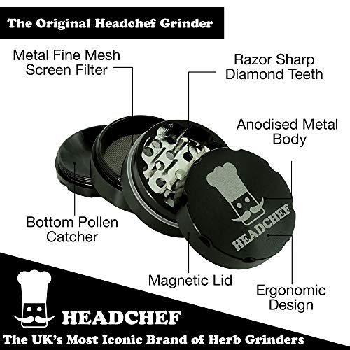 Headchef Razor, 4 Piece Grinder, Metal Herb Grinder with Sifter Scraper (Black, 40mm)
