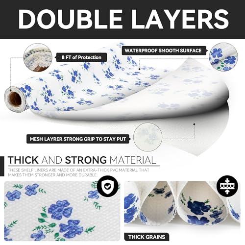 RAY STAR 18 Inch x 8 Ft Shelf Liner for Kitchen Cabinets, Non-Adhesive Cabinet Liner Washable, Drawer Liner for Dresser Non-Slip Bathroom [Blue Cream Floral](4 Rolls) Forget-me-not 18"W x 96"L 4