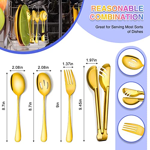 Patelai 15-piece gold stainless steel serving utensil set for buffet, including spoons, tongs, and serving spoons for elegant dining.