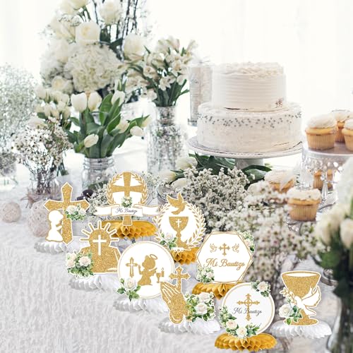 Mi Bautizo Honeycomb Centerpieces, Baptism Party Decor, First Communion Table Decorations, Christening Table Centerpieces, Baby Shower 1st Birthday Party Decorations, 9PCS