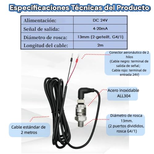 Stainless Steel Pressure Transducer 0-10 Bar Pressure Sensor 1 Mpa Pressure Transmitter Highly Accurate Water Pressure Sensor Bends 24 V DC 4-20 mA Output G1/4 Inch for Water Gas, Protection Class IP68