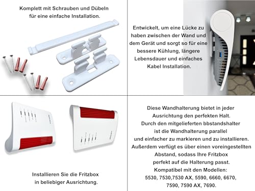 Wall Mount Compatible with Fritz!Box 7590, 7590 AX, 7530, 7530 AX, 5590, 6660, 6670, 7690 - Cable Router Wall Mount with Spacer - Includes Screws & Wall Plugs