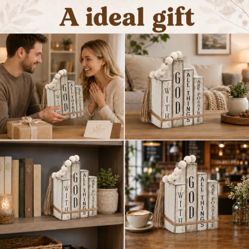 4Pcs Decorative Books Set, Christian Wooden Faux Book Stack for Coffee Table and Shelf Display, Religious Neutral Wood Ornaments for Living Room Home Decor, Blessing Housewarming Gifts (Khaki) Style 5