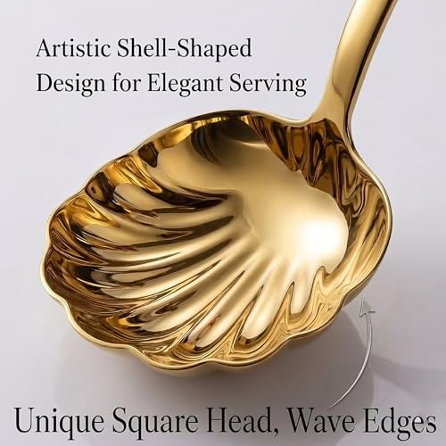 Gold Soup Ladle Set of 2, Premium 18/10 Stainless Steel Sauce Ladle with Artistic Shell-Shaped Design, 9-Inch Small Ladle for Serving Soup, Gravy and Sauce, Mirror Polished, Dishwasher Safe Serving Soup Spoon(Gold)