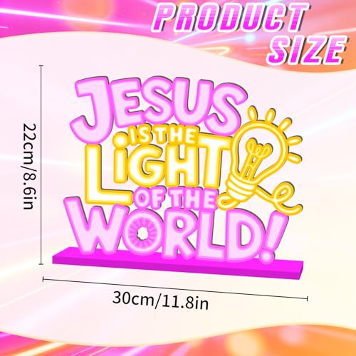 VBS 2026 Decorations Table Wooden Centerpiece 11.8x8.6 Inches Jesus is The Light of The World Religious Table Decorations Neon Style Vacation Bible School Tabletop for Christian Decor Supplies