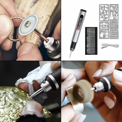 Cordless Engraving Pen, 3-Speed Electric Engraving Tool Kit, Engrave 50+ Surfaces, with 30 Small Drill bits, USB Charging for Wood Resin Stone Jewelry